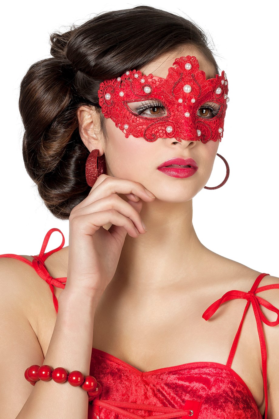 Venetiaans masker rood kant - .Willaert, verkleedkledij, carnaval kledij, carnaval outfit, feestkledij, masker, Venetiaanse maskers, oogmasker, loupe, Venetiaans bal, gemaskerd bal, bal masque, gemaskerd feest, Masquerade